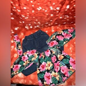 3-6T floral top, distressed jeans and matching head band for girl toddler, new!